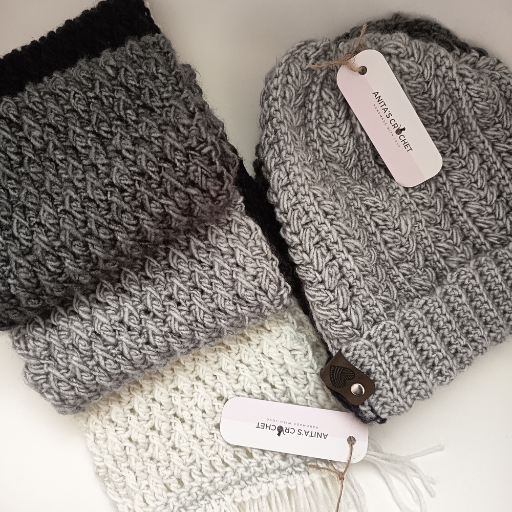 🤍Crochet Scarf and Beanie Sets in Black, Gray, and White Unisex